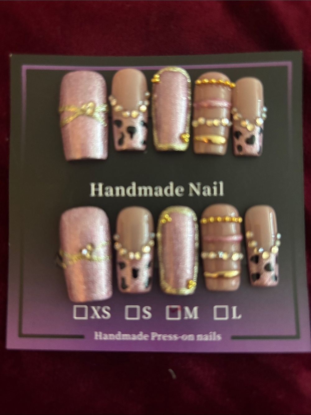 Handmade Press-On Nails — Shimmery Mauve Pink with Gold Accents